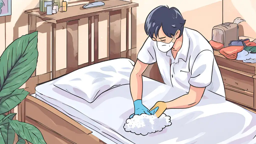 A man disinfecting his bed from bed bugs before traveling