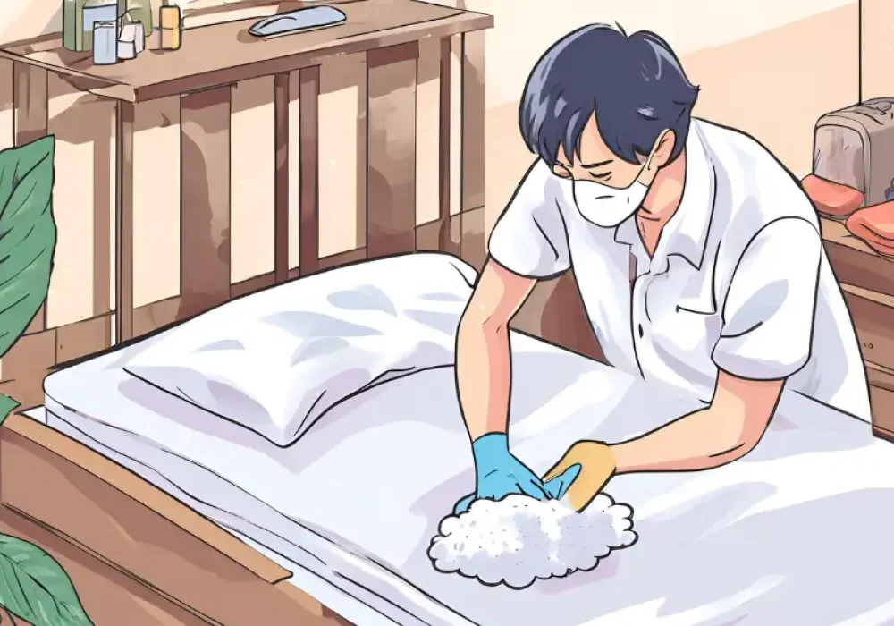 A man disinfecting his bed from bed bugs before traveling